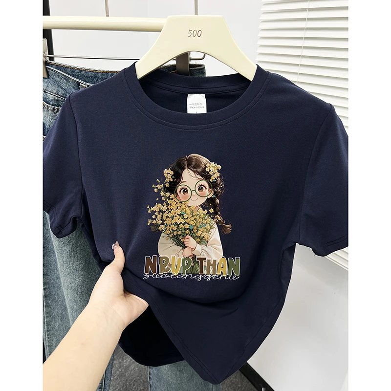 韩版小女孩圆领短袖t恤女夏季2025新款设计感小众显瘦正肩上衣潮