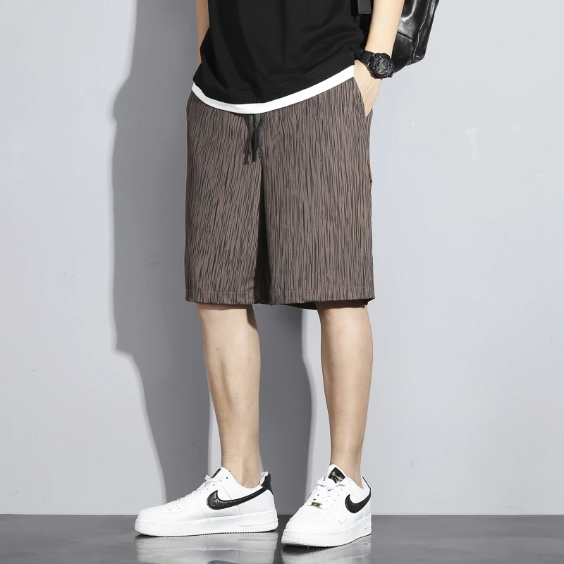 夏季新款流星条纹冰丝休闲裤时尚百搭透气高弹薄款男士宽松五分裤