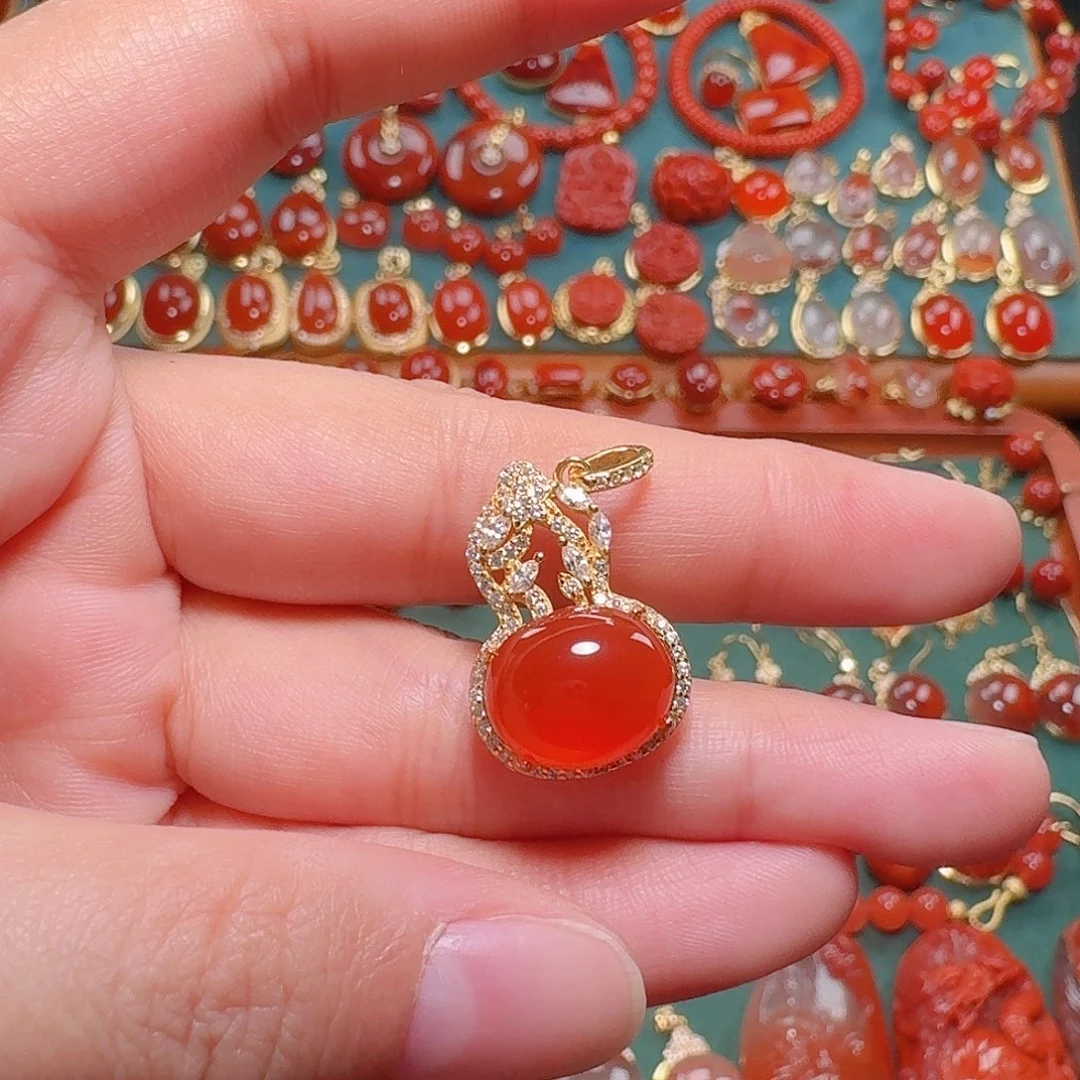 南红玛瑙银S925镶嵌吊坠