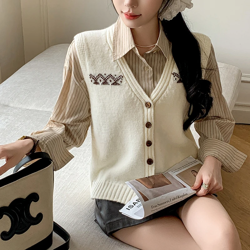 现货秋冬复古无袖提花V领针织衫背心女叠穿马甲外搭毛衣坎肩女