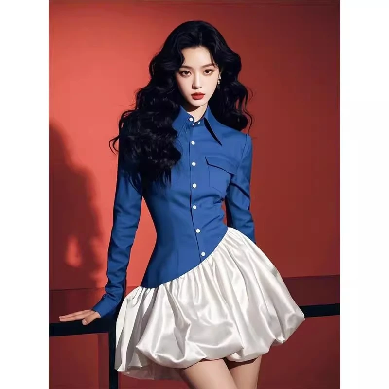 2025春季冷淡系独特别致法式富家千金风miu系衬衫拼接连衣裙子