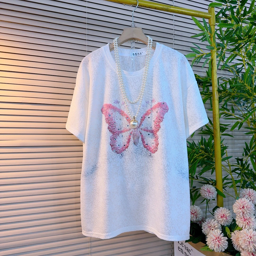 117胖mm欧货时尚休闲甜美减龄款设计感重工钻蝴蝶显瘦遮肉短袖衫