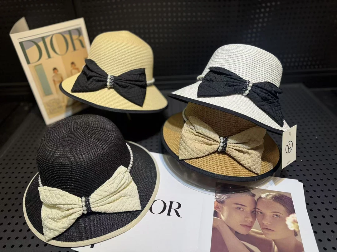 优雅蝴蝶结珍珠草帽女夏季遮阳防晒大檐沙滩帽海边度假