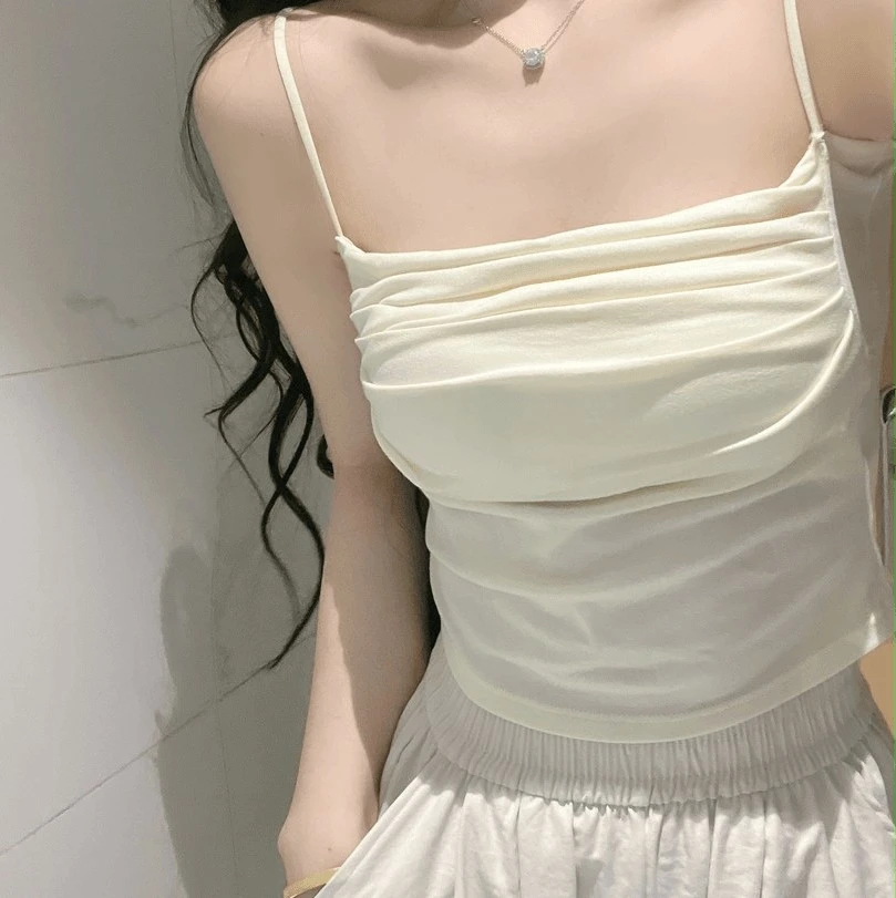 韩女吊带背心带胸垫不透一字领褶皱遮副乳ins内搭背心上衣女短款