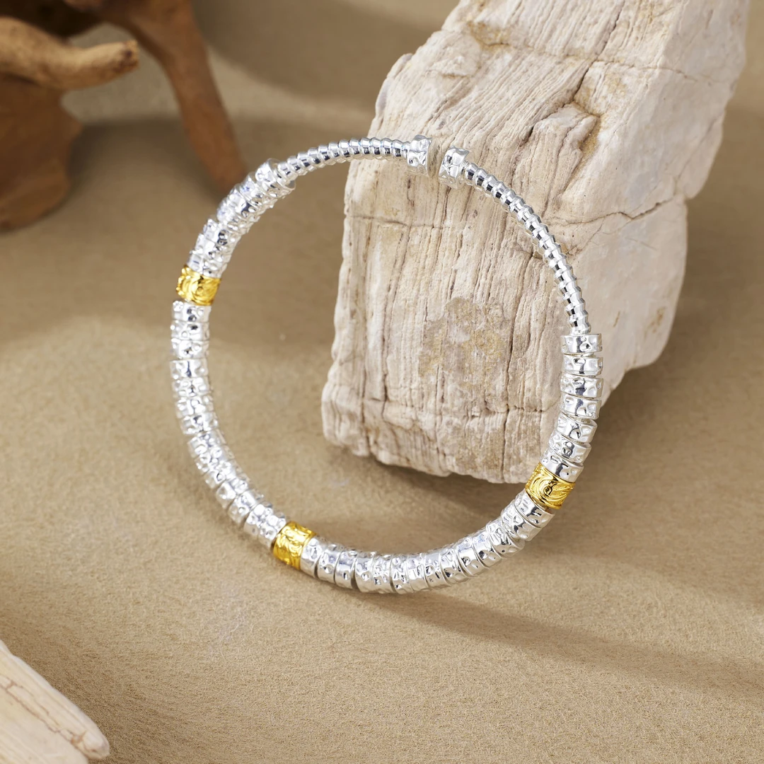 足银手镯 足银9999金银纹理腰缠万贯手镯尽显品味国风新中式实心