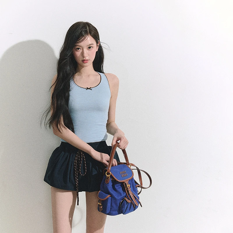 OIOI ESSE 撞色蝴蝶结工字背心女夏季肌理感上衣