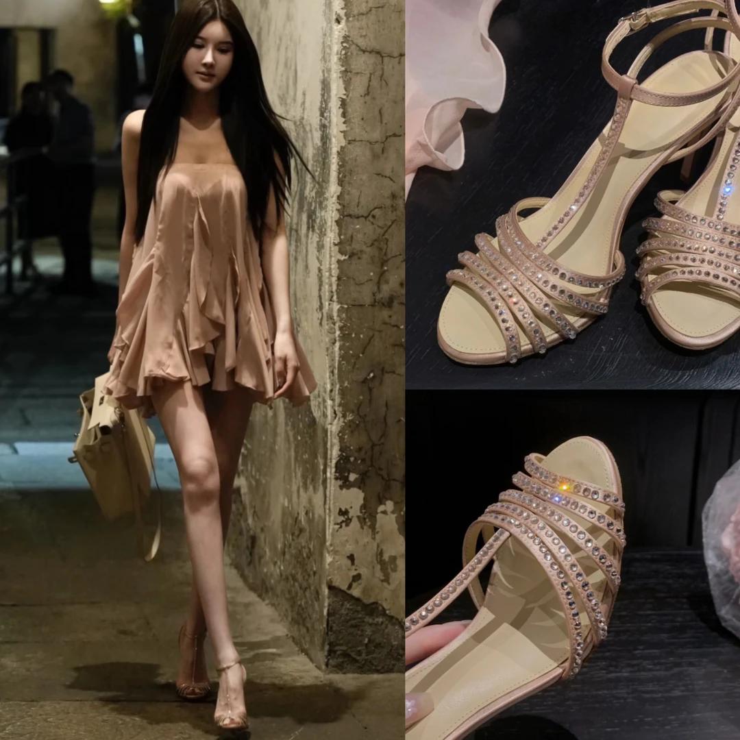 琮媛同款凉鞋2025新款夏季香槟金色水钻高跟鞋女性感百搭细跟网红