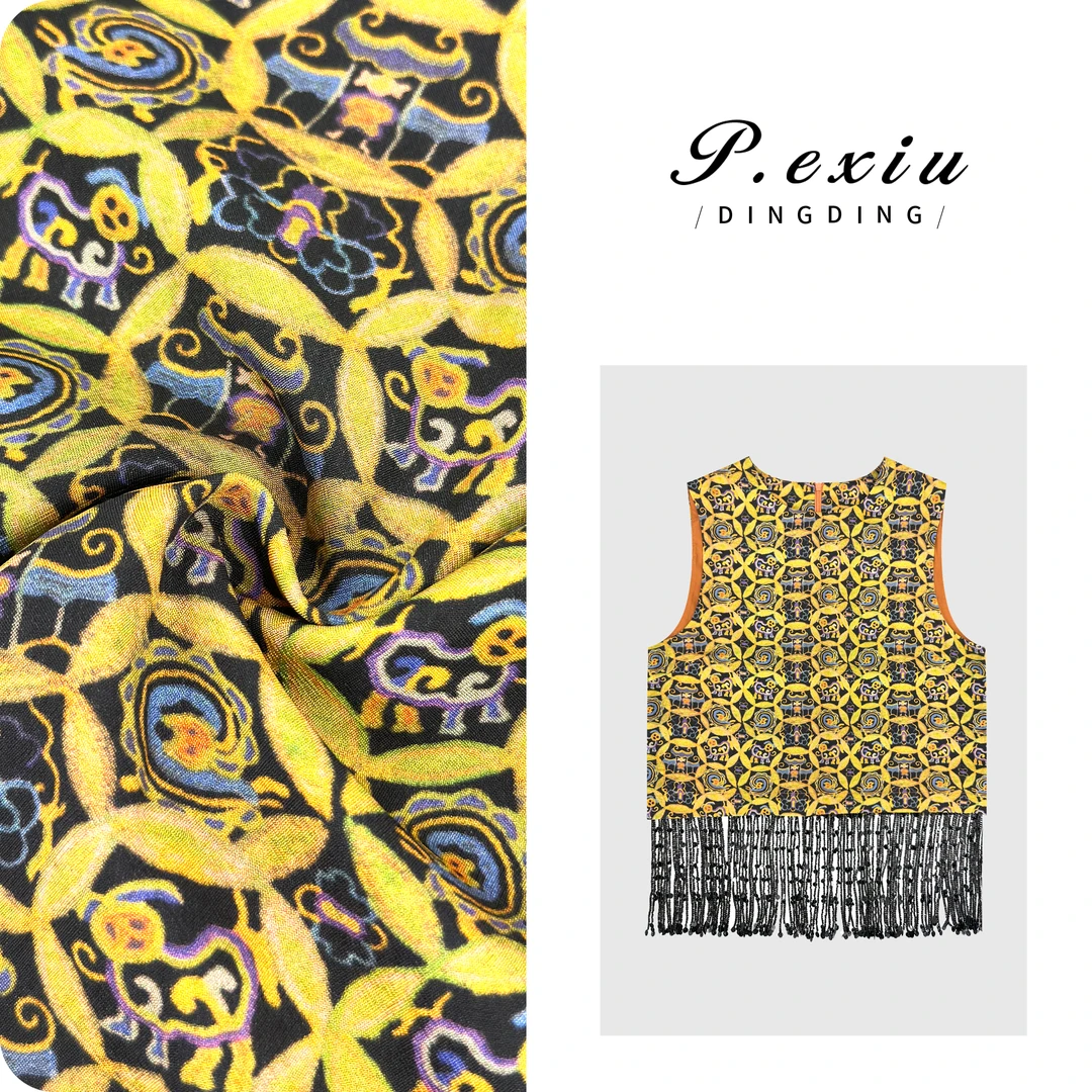 100%人丝复古印花珠片流苏国风马甲M8914