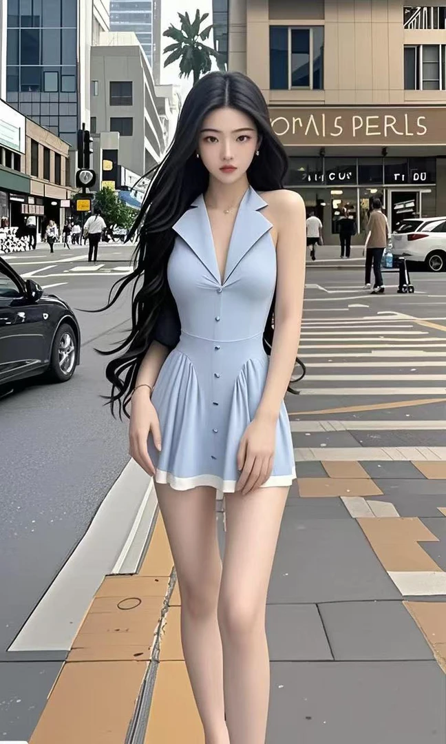 别致设计感夏季新款蓝色V领收腰连衣裙女小众高级感短裙时尚气质