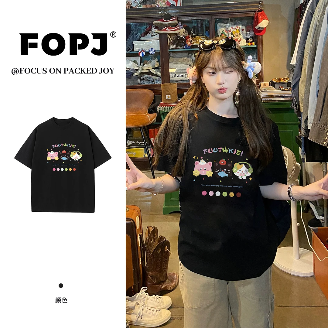 FOPJ重磅纯棉T恤夏新款学院风休闲百搭印花宽松显瘦半袖圆领上衣