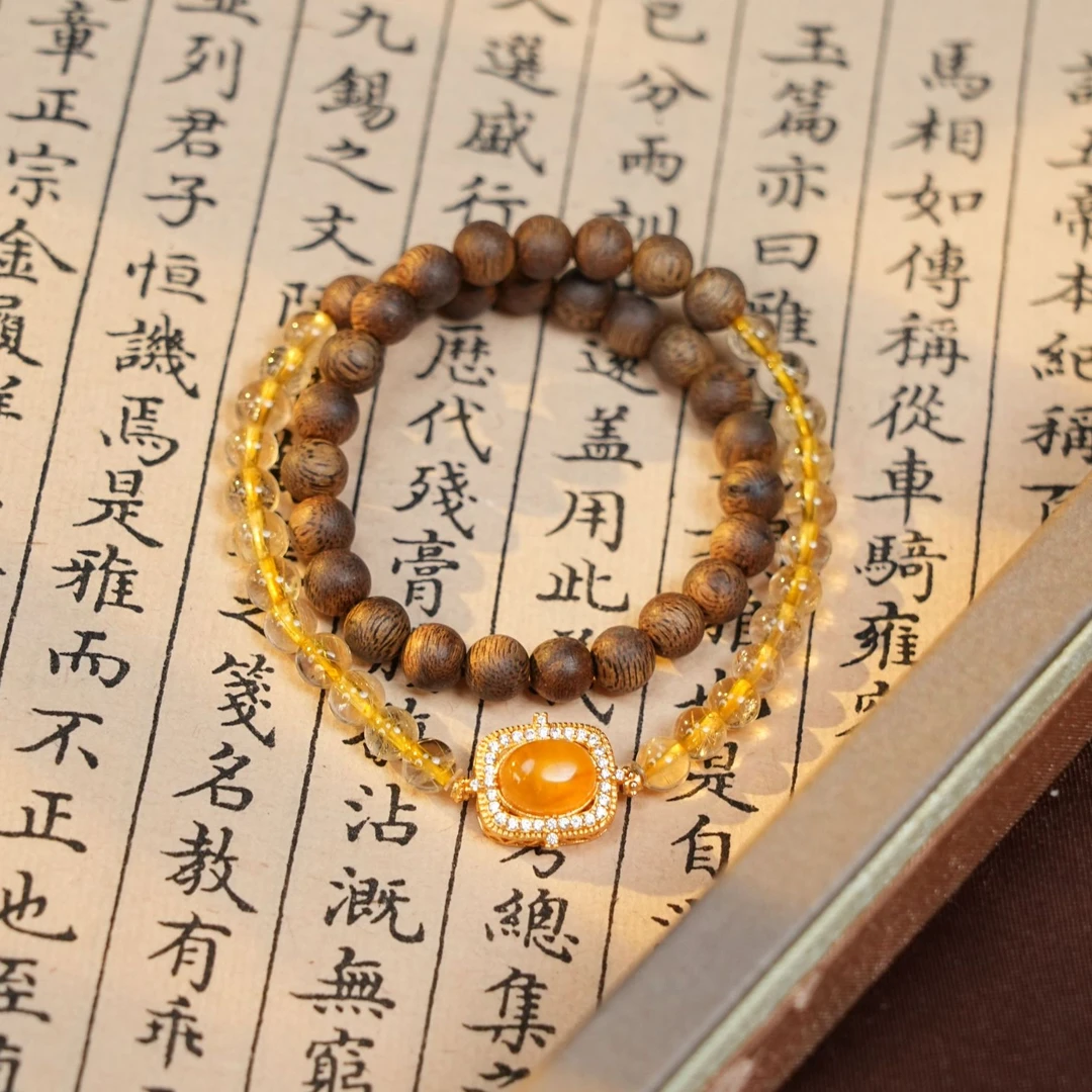 【松间月】天然莺歌绿奇楠沉香7mm金发晶蜜蜡手链手串项链