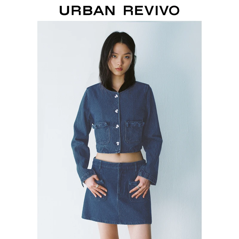 UR2025春季新款女装欧若风减龄蝴蝶结纽扣饰牛仔外套UYY850021