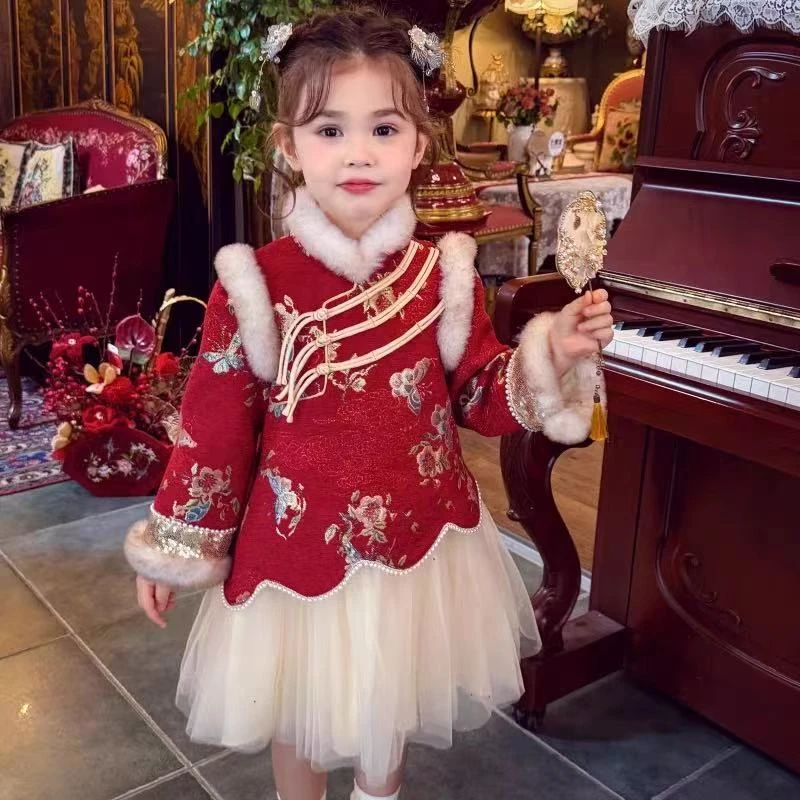 加绒不加棉【红妆】SC824女童冬季新中式加绒盘扣国风旗袍裙拜年服