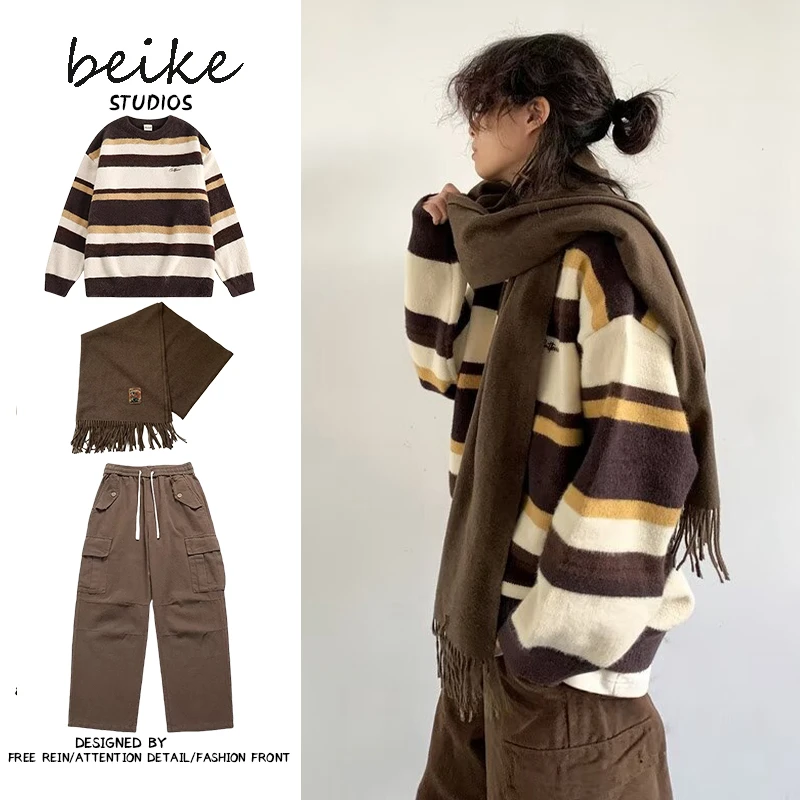 三件装/秋冬日系学院加厚针织情侣打底慵懒风条纹毛衣宽松慵懒风