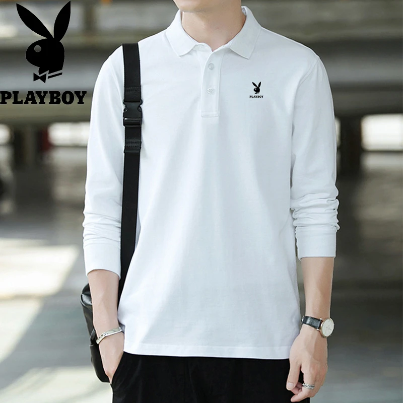 花花公子男士棉质长袖polo衫休闲春秋季透气半袖翻领T时尚打底衫