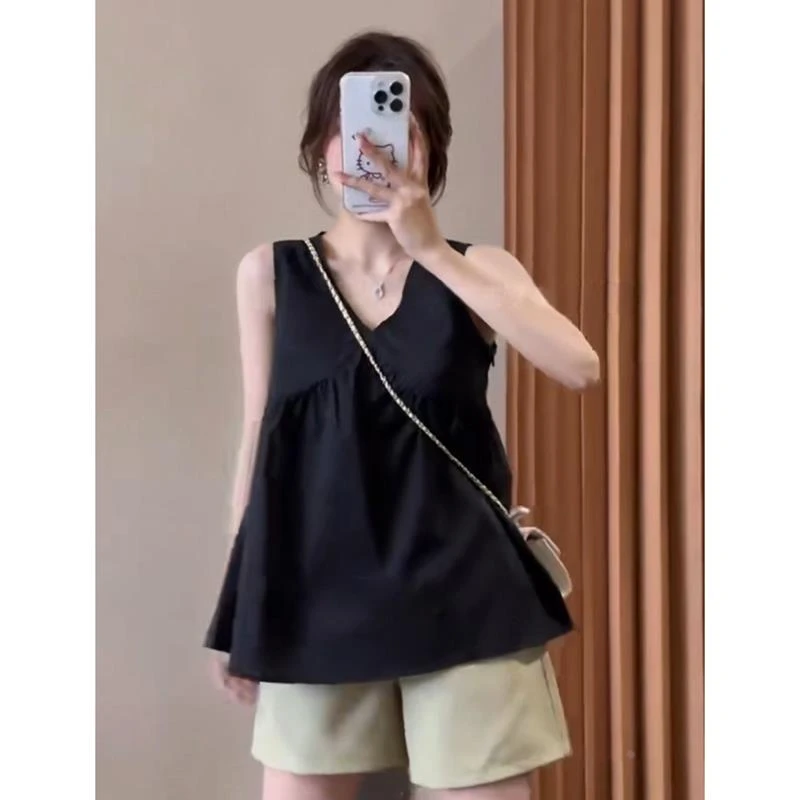 黑色无袖v领吊带背心女夏外穿今年新款大码胖mm宽松遮肚雪纺上衣