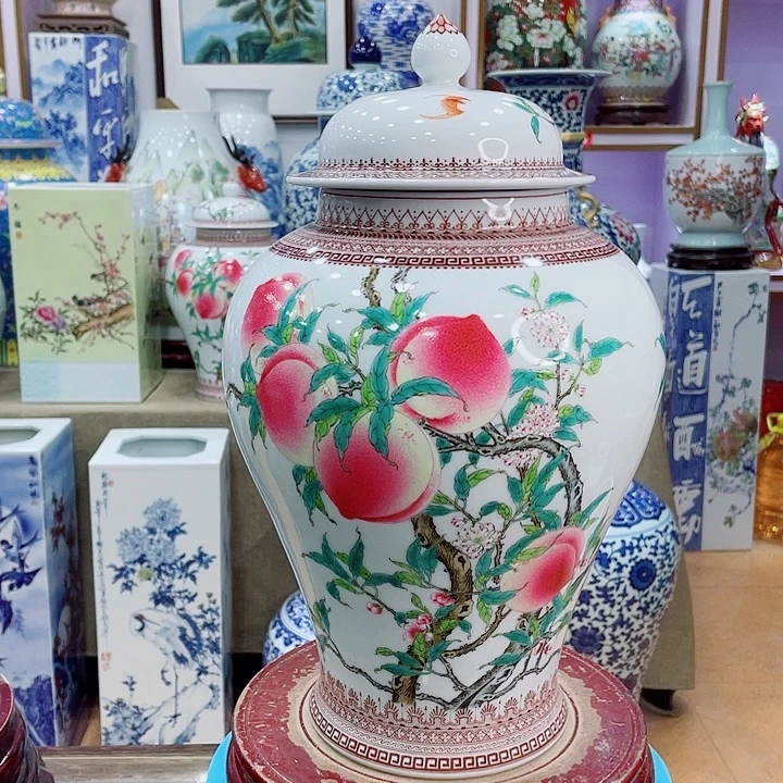 冰***川花瓶全手工九桃画边将军罐