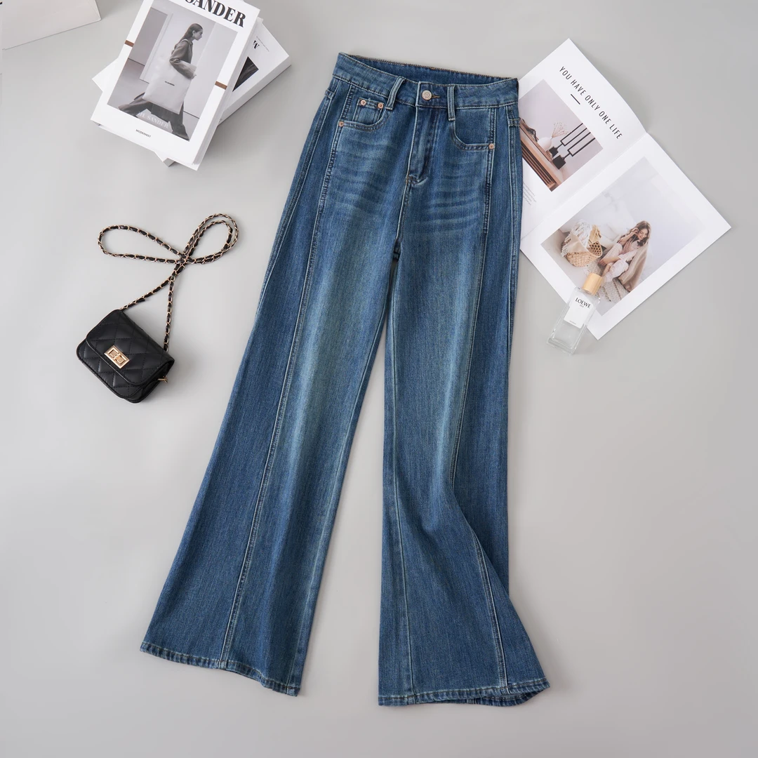 早秋爆款酷飒高级风牛仔长裤女高腰显高显瘦掐腰修身喇叭裤9969