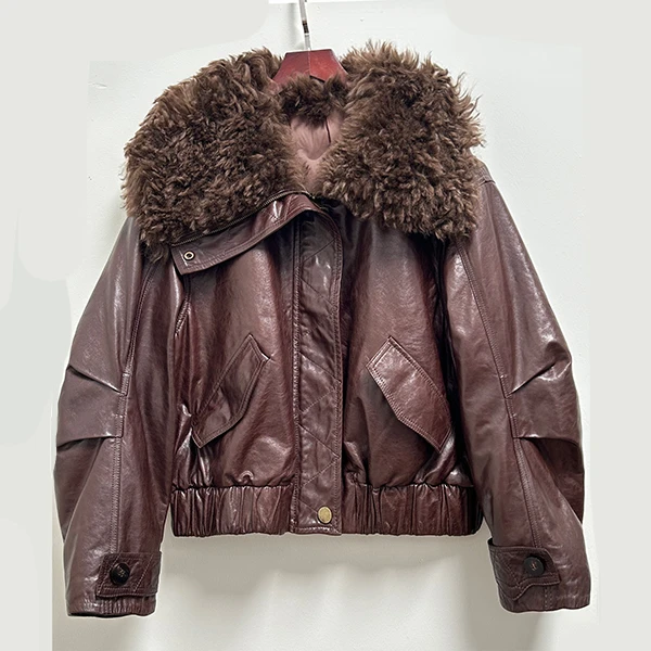复古植鞣绵羊皮真皮皮衣莫斯娜毛领鹅绒外套女短款羽绒服皮毛一体