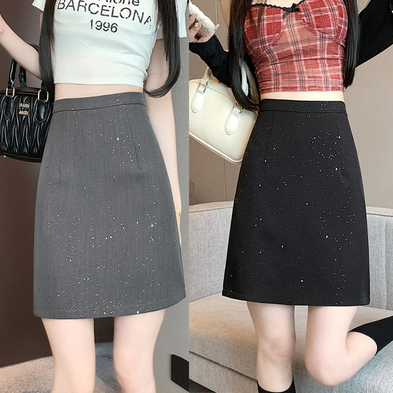 小香风亮片西装半身裙2025春夏新款大码高腰显瘦A字裙包臀中裙ins