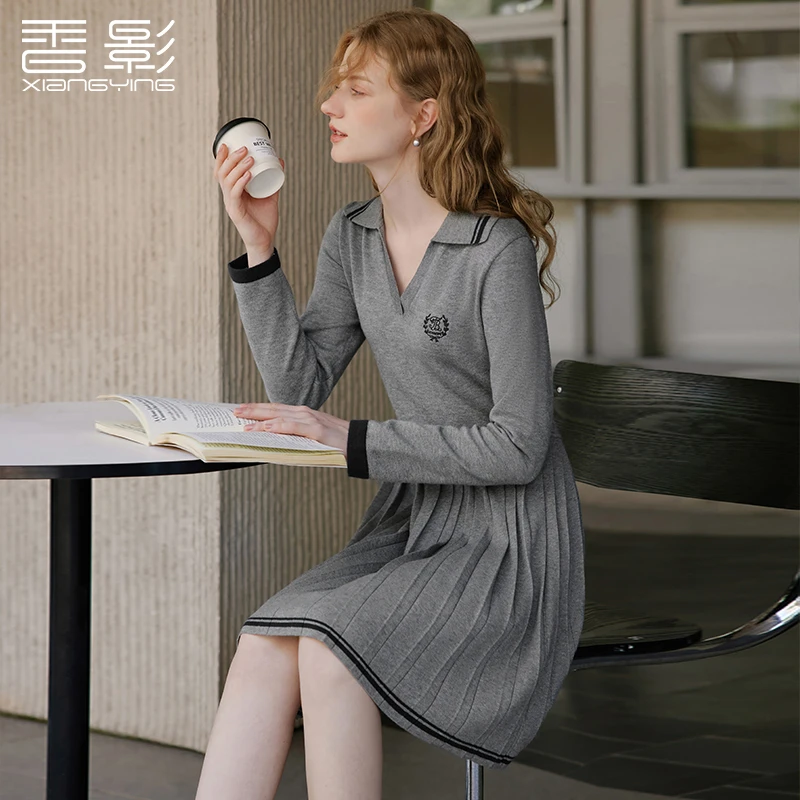 【金拐子专属】L85A337连衣裙香影学院巴恩风灰色连衣裙女秋装新款