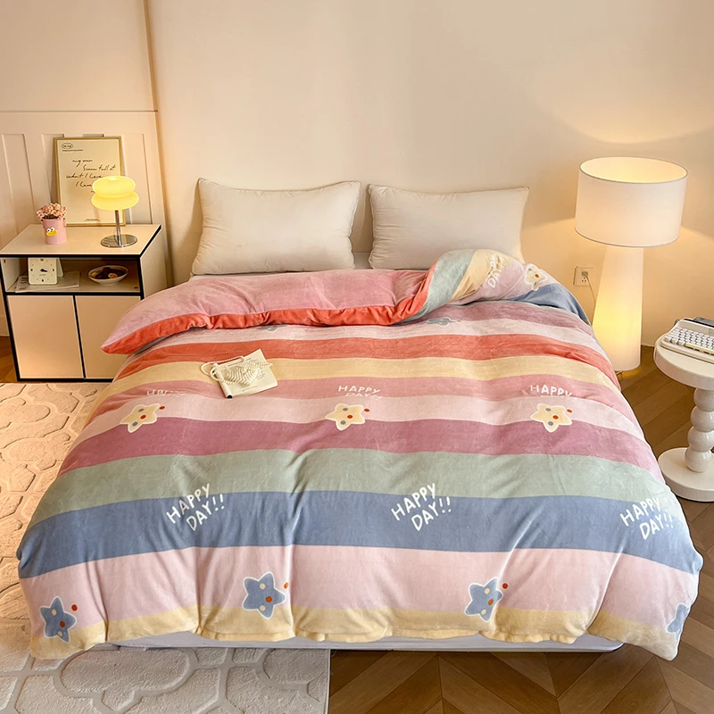 牛奶绒被套床笠加厚床上套件印花双人被合格品冬季床品套件单被套