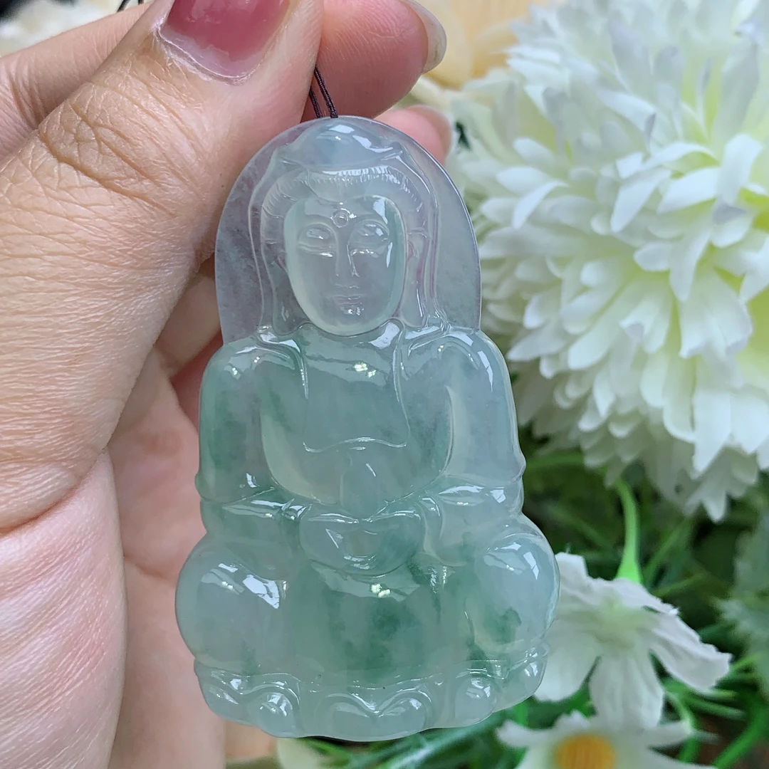 缅甸天然翡翠A货玉石冰种起胶飘花观音吊坠钟尺寸55.2/35.4/5.9mm