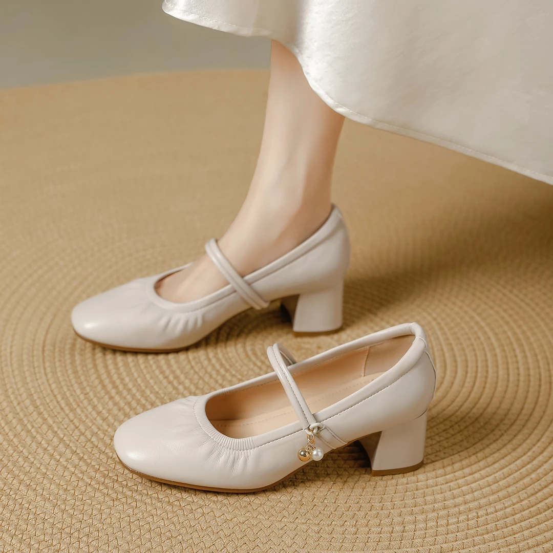 法式粗跟玛丽珍鞋女2025新款时尚圆头高跟单鞋真皮出游百搭鞋子女
