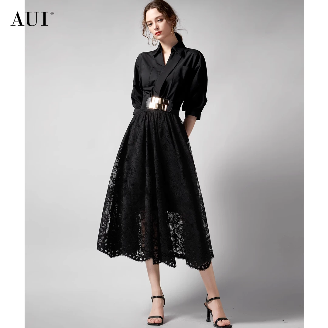 aui法式气质衬衫连衣裙收腰拼接蕾丝大摆裙黑色显瘦-24W014531