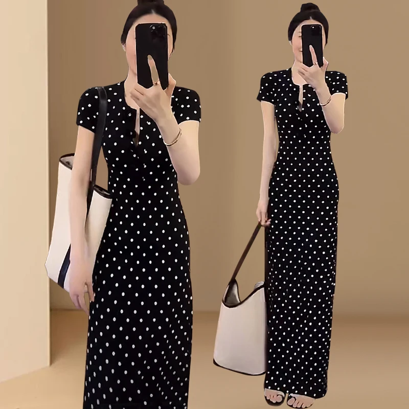韩系小众设计波点短袖连衣裙女装2025夏季新款轻奢名媛收腰长裙子