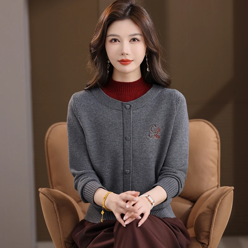 哥弟阿玛施正羊毛衫女士新款秋冬假两件开衫撞色外穿针织打底毛衣