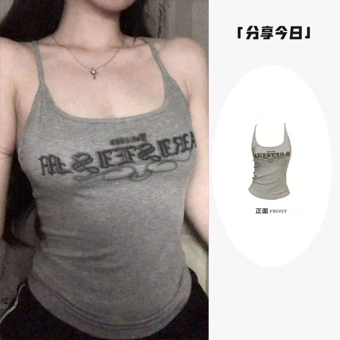 美式辣妹字母印花吊带背心女夏季新款设计感短款修身显瘦小众上衣