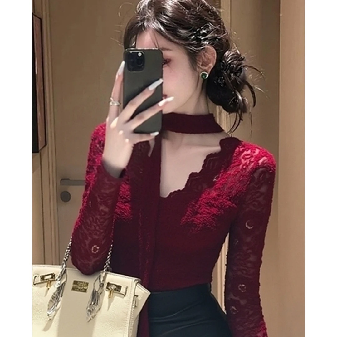 纯欲风酒红色蕾丝衬衫女秋冬高级感轻奢减龄洋气设计感长袖上衣