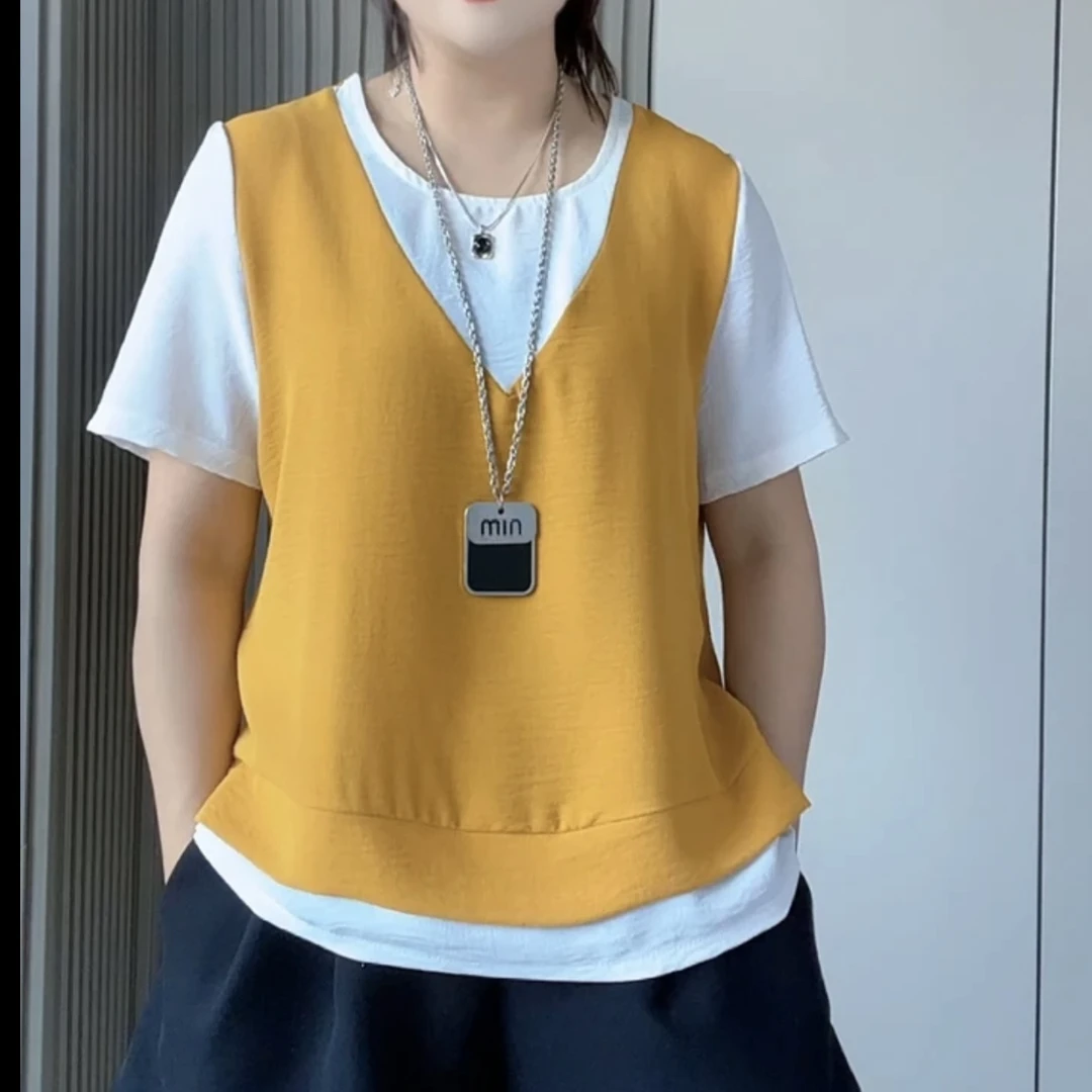 短袖女2025夏季新款休闲宽松假两件纯色短袖圆领上衣百搭