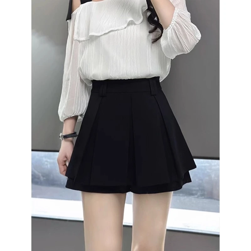 黑色短裙百褶裙a字半身裙女夏季小个子高腰垂坠感裙裤气质半裙子