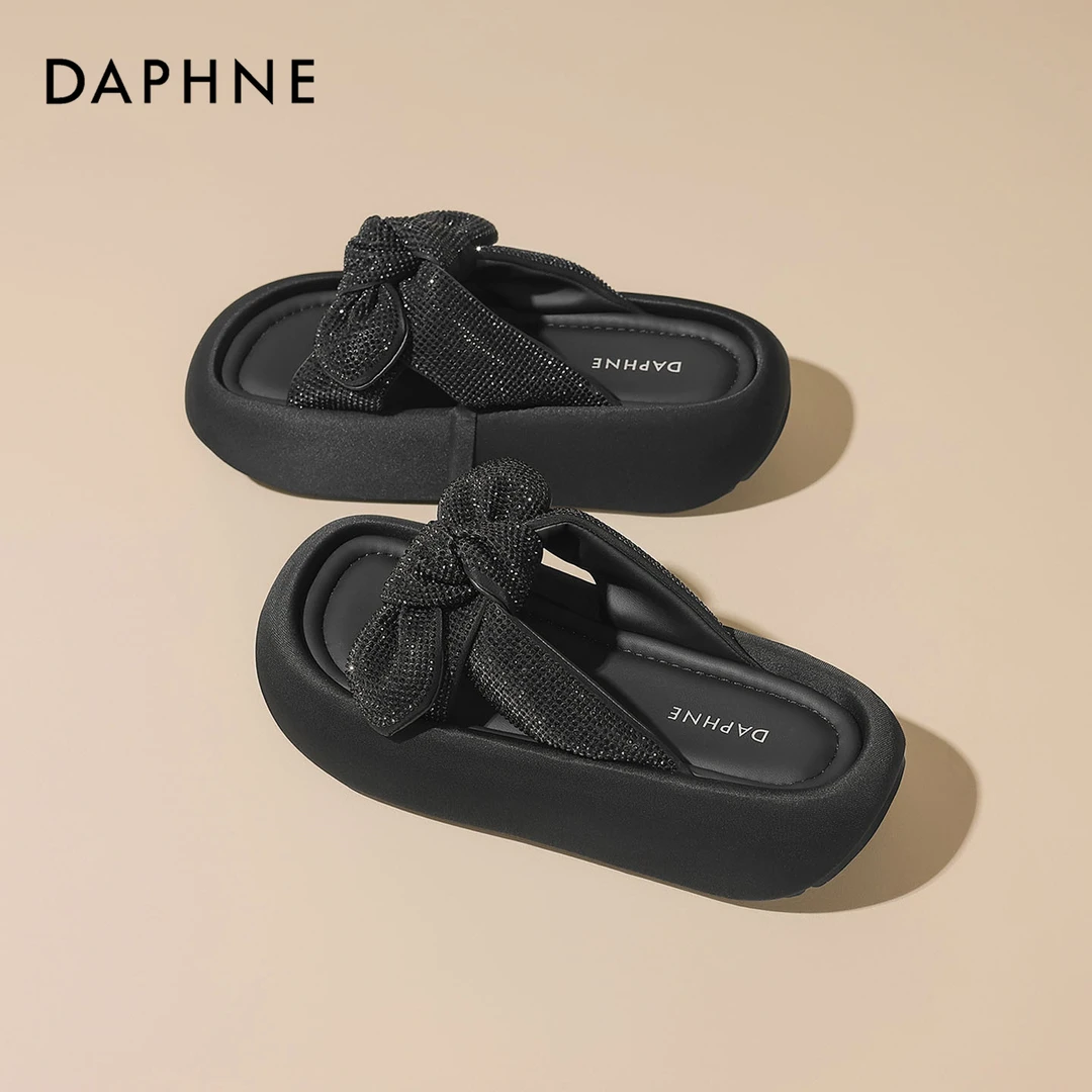 达芙妮法式蝴蝶结一字拖鞋女夏季外穿2025超火新款厚底海边凉拖鞋