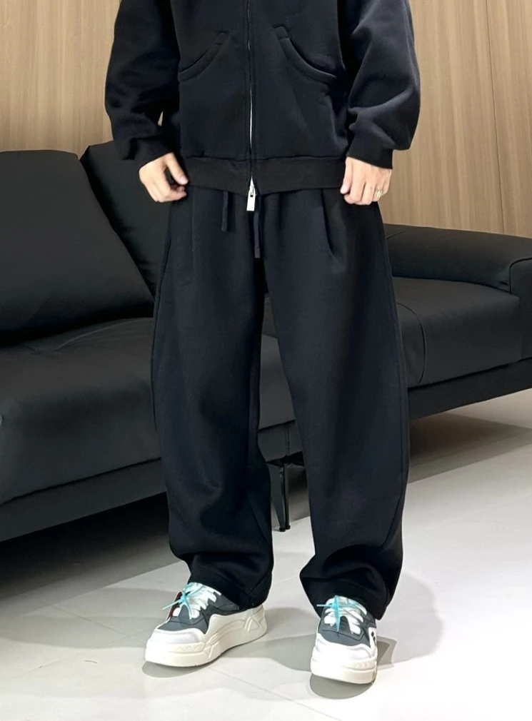 冬季卫裤弯刀裤重磅直筒纯色男士休闲裤运动百搭阔腿潮流抽绳