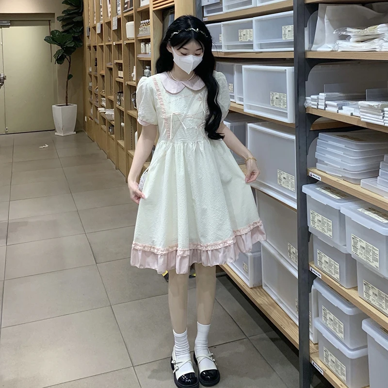 法式娃娃领连衣裙女大童夏季初中学生12岁女孩15蝴蝶结公主蓬蓬裙