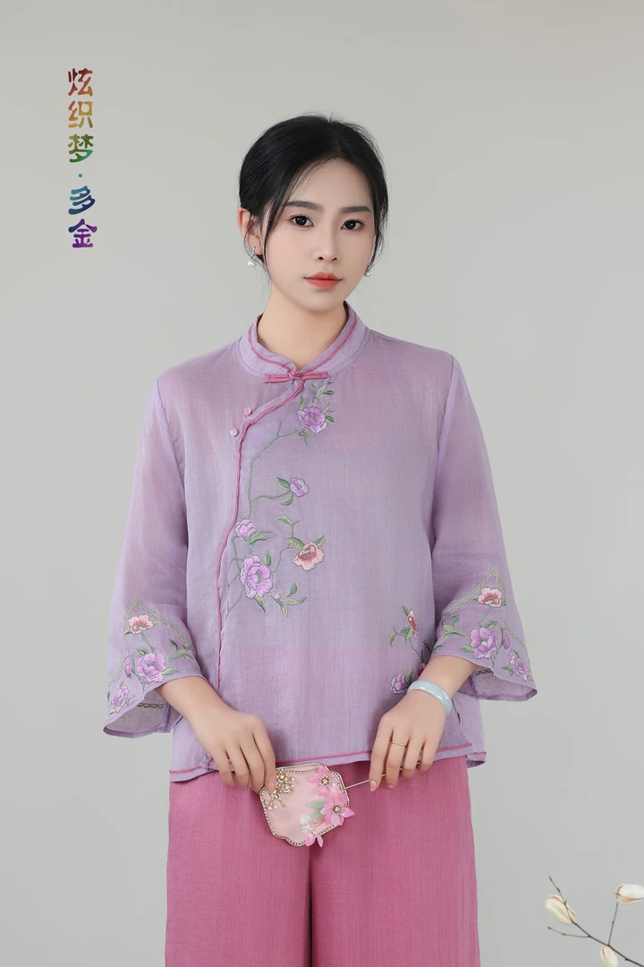 炫织梦多金国风高端苎麻小衫夏季斜襟刺绣山茶花立领新中式茶服