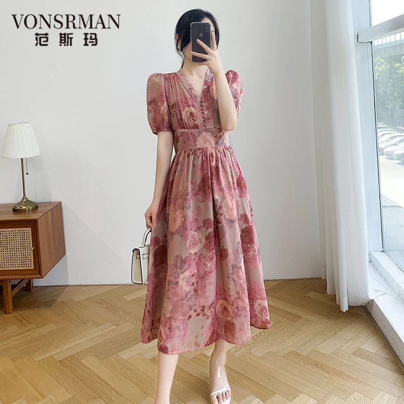 粉色印花短袖连衣裙女夏季新款高端洋气大牌V领气质显瘦花色长裙v