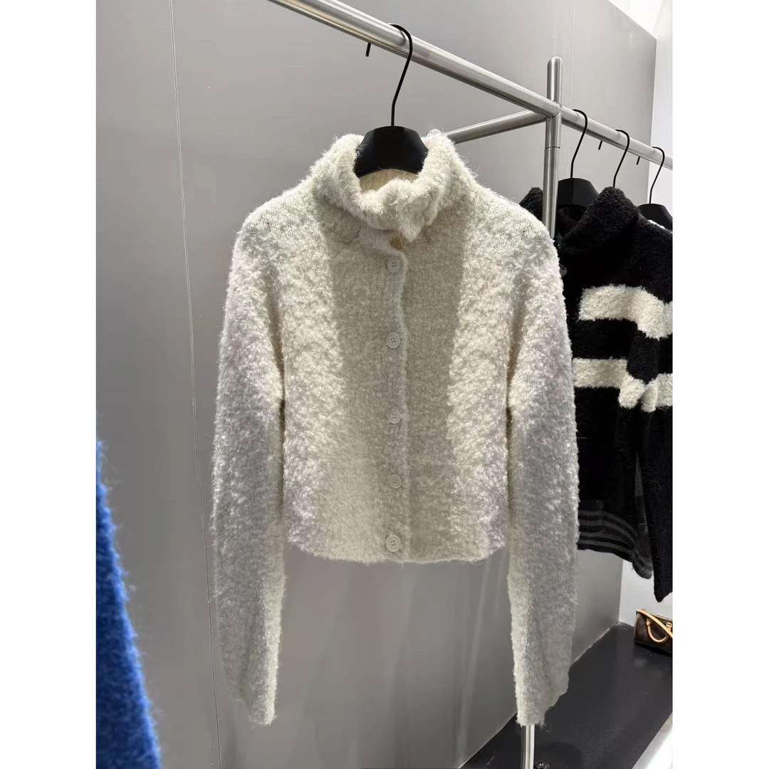 艾格法式长袖针织开衫上衣秋冬新款洋气设计感显瘦短款毛衣外套女