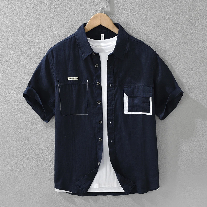 8117日系亚麻短袖衬衫男士透气时尚百搭文艺休闲宽松上衣