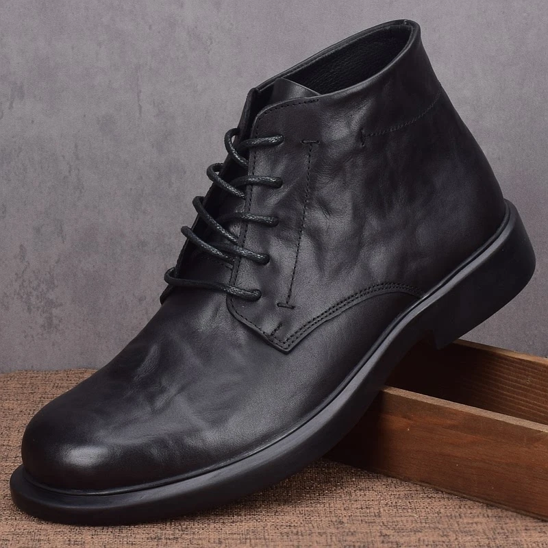 秋冬头层牛皮靴子男款高帮皮鞋厚底加绒保暖中帮马丁靴男真皮软皮