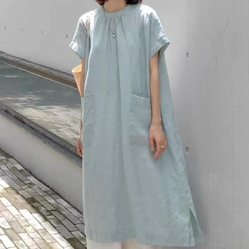 哥弟阿玛施正品定制休闲亚麻日系女装短袖文艺宽松百搭圆领连衣裙