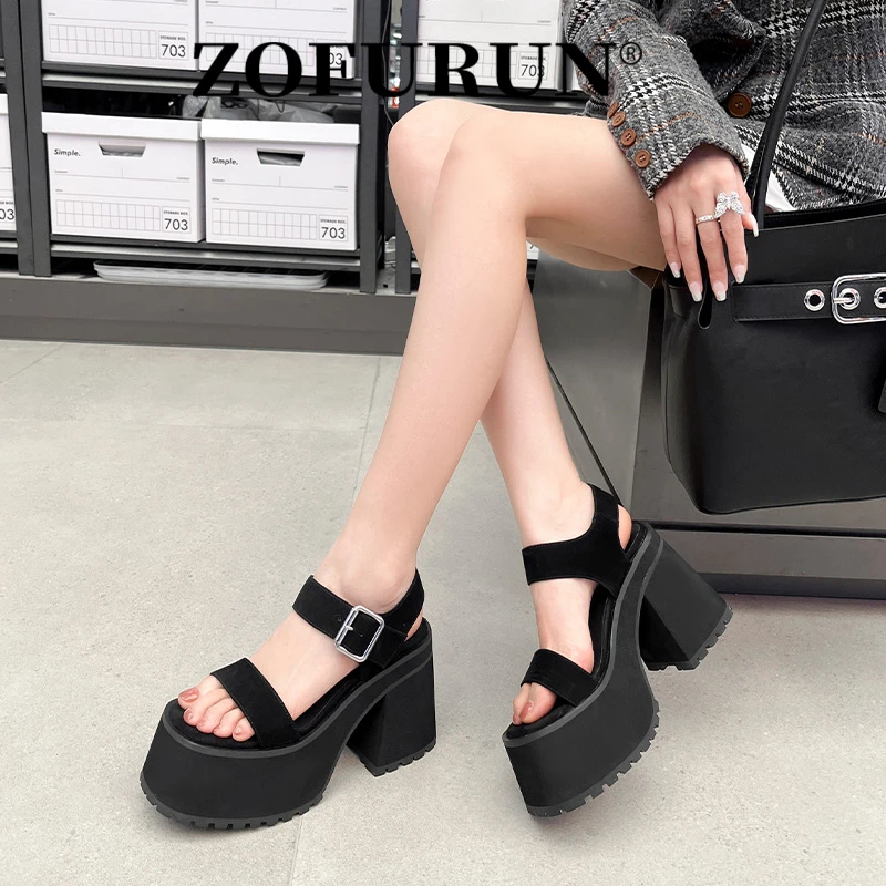 ZOFURUN 踩屎感防滑一字带凉鞋真皮时尚夏季新款小个子百搭高跟鞋