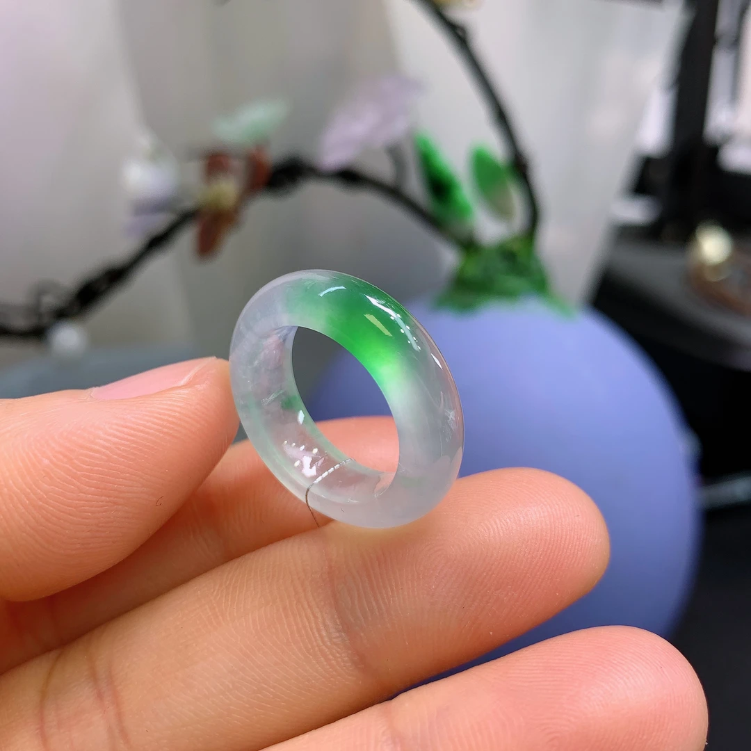 11-12圈口缅甸天然翡翠A货高冰荧光棒戒指A949#