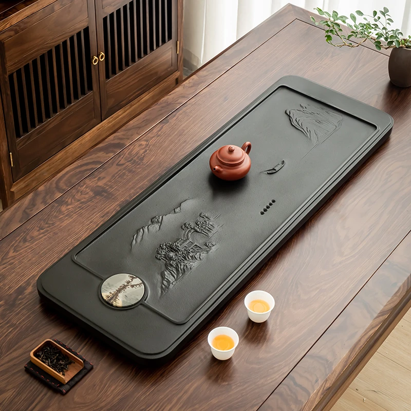 天然乌金石茶盘新中式轻奢简约浮雕镶国画石家用办公直排石茶台