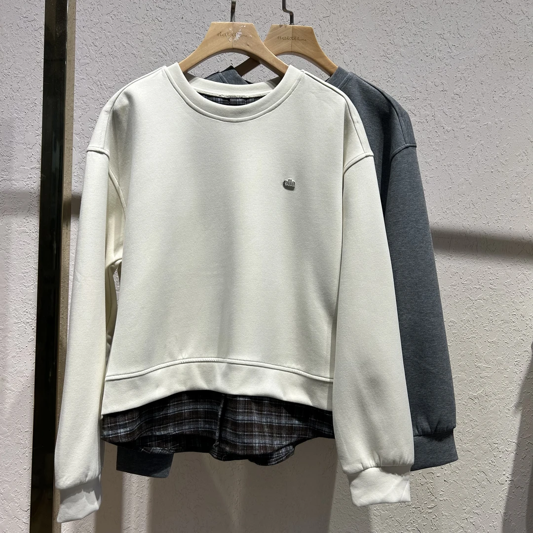 8077长袖薄款刺绣拼接圆领宽松卫衣拼色秋季可爱风ol上衣