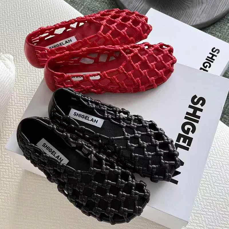 诗歌兰女鞋2025夏季新款时尚真皮编织渔网绳结网面鞋女懒人单鞋潮