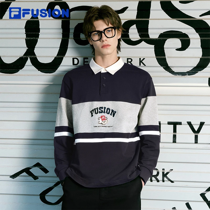 FILA FUSION纯棉复古潮流宽松长袖POLO衫男款休闲上衣T11U432201F